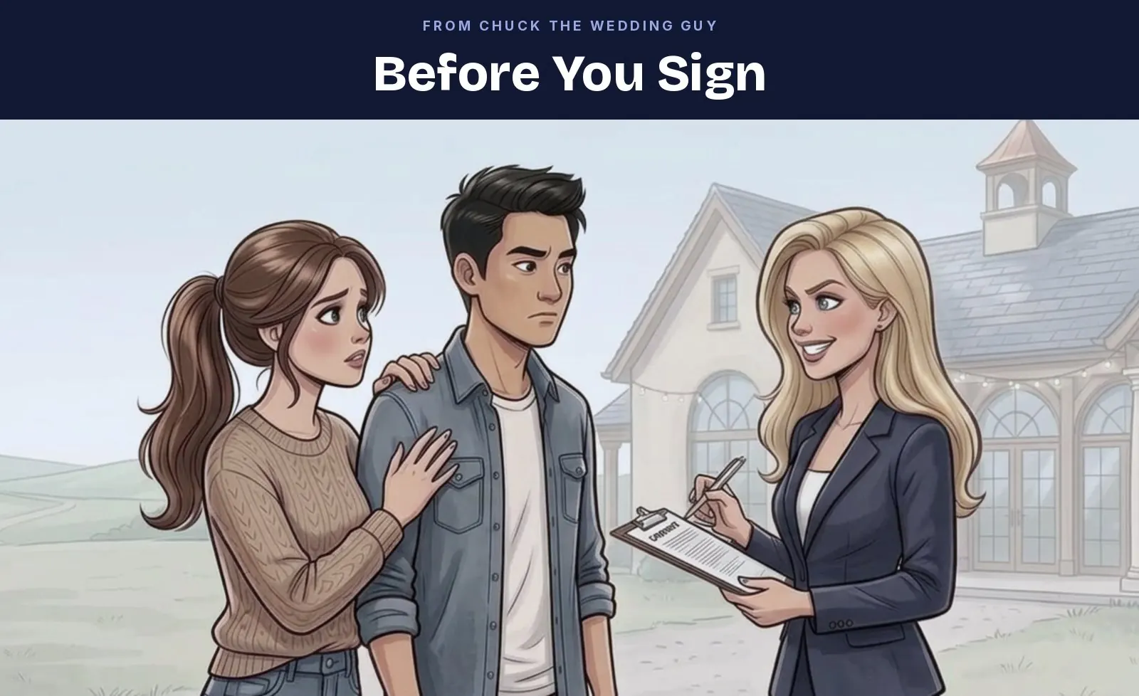 Before You Sign, from Chuck the Wedding Guy. An illustrated couple talking with a venue coordinator holding a contract outside a wedding venue.